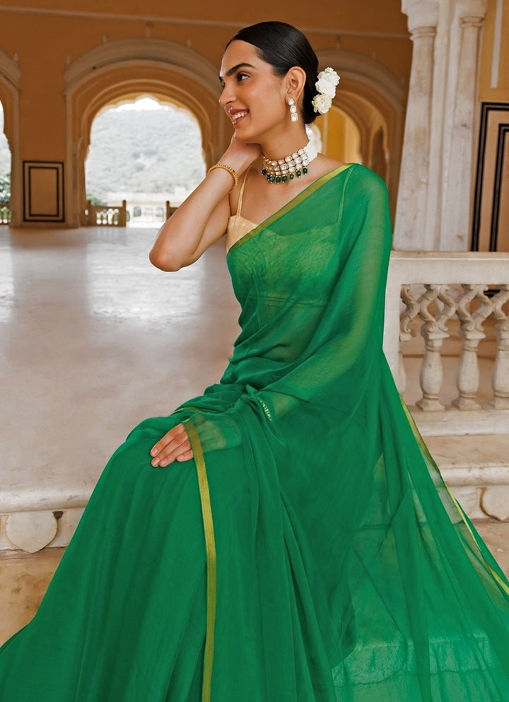 Green Hand-Dyed Chiffon Saree