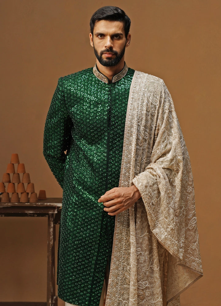 Emerald Green Shimmer Georgette Sherwani Set