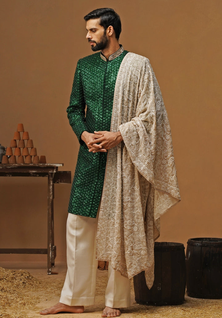 Emerald Green Shimmer Georgette Sherwani Set