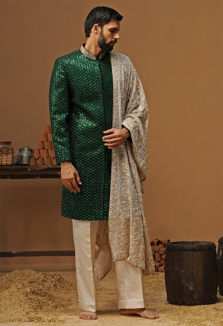 Emerald Green Shimmer Georgette Sherwani Set