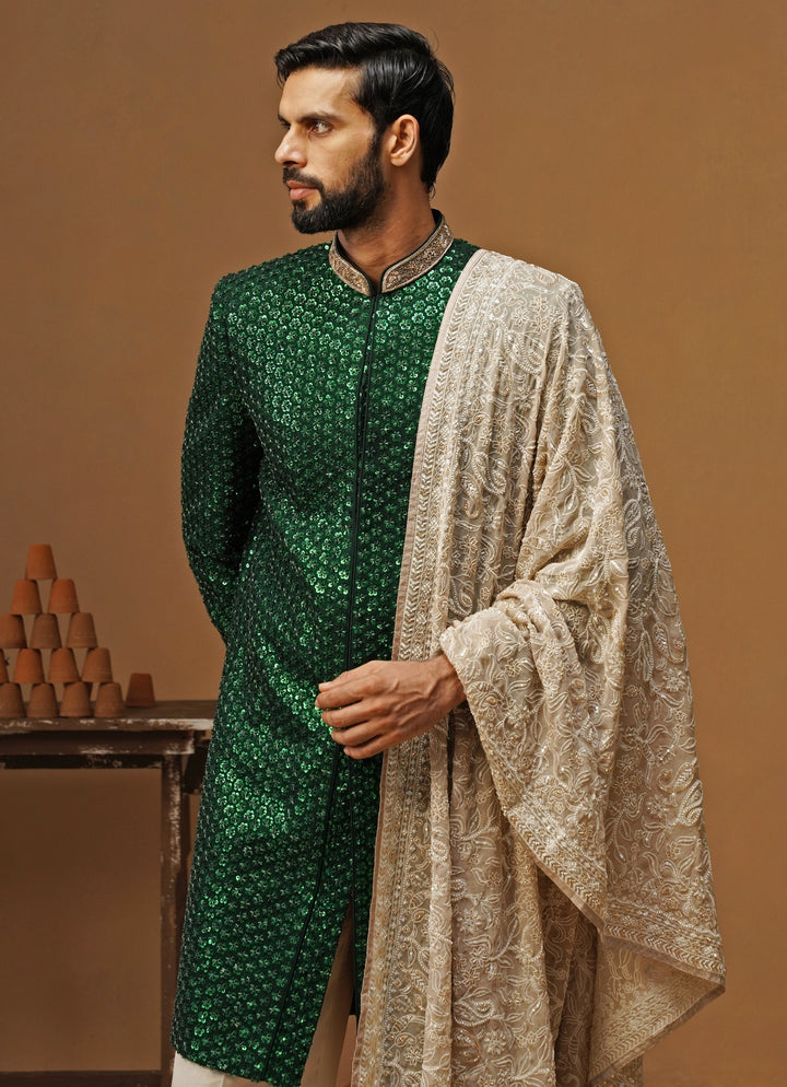Emerald Green Shimmer Georgette Sherwani Set