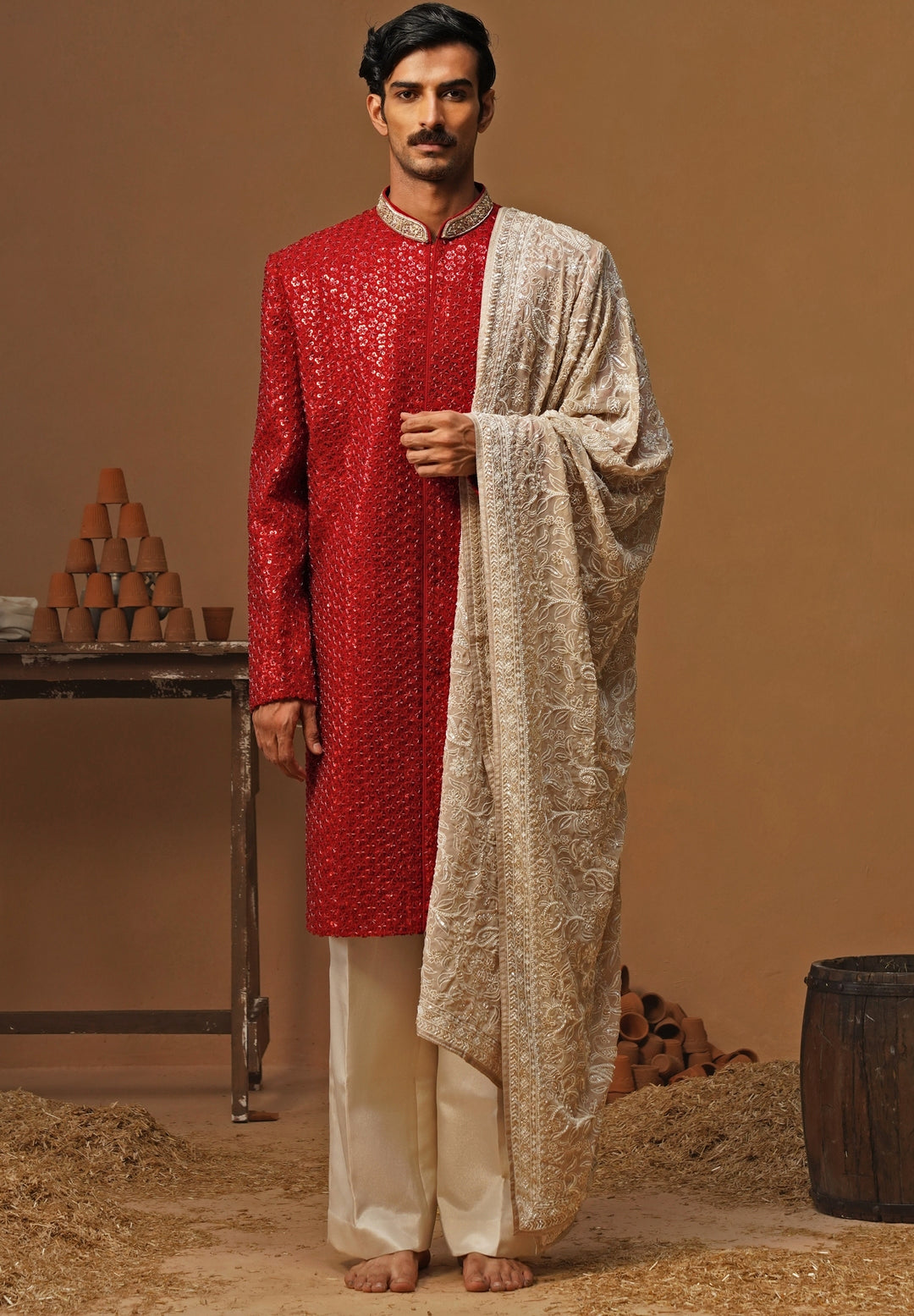 Red Shimmer Georgette Sherwani Set