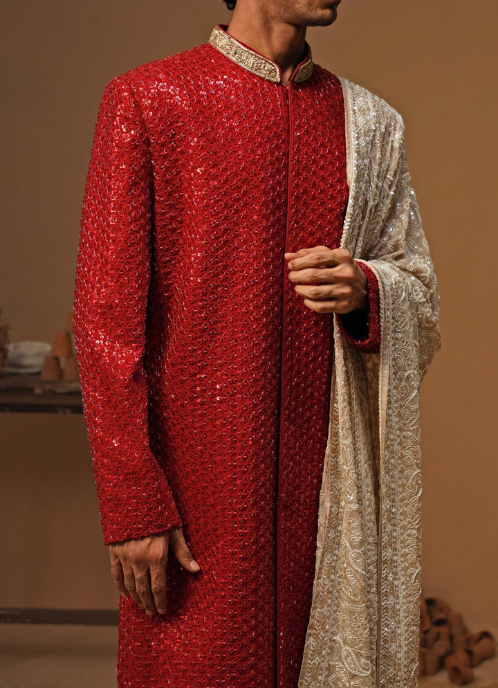 Red Shimmer Georgette Sherwani Set