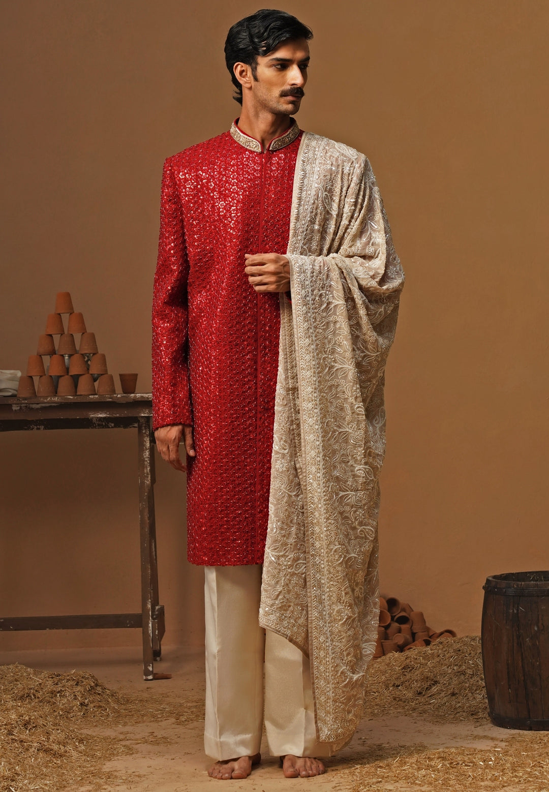 Red Shimmer Georgette Sherwani Set