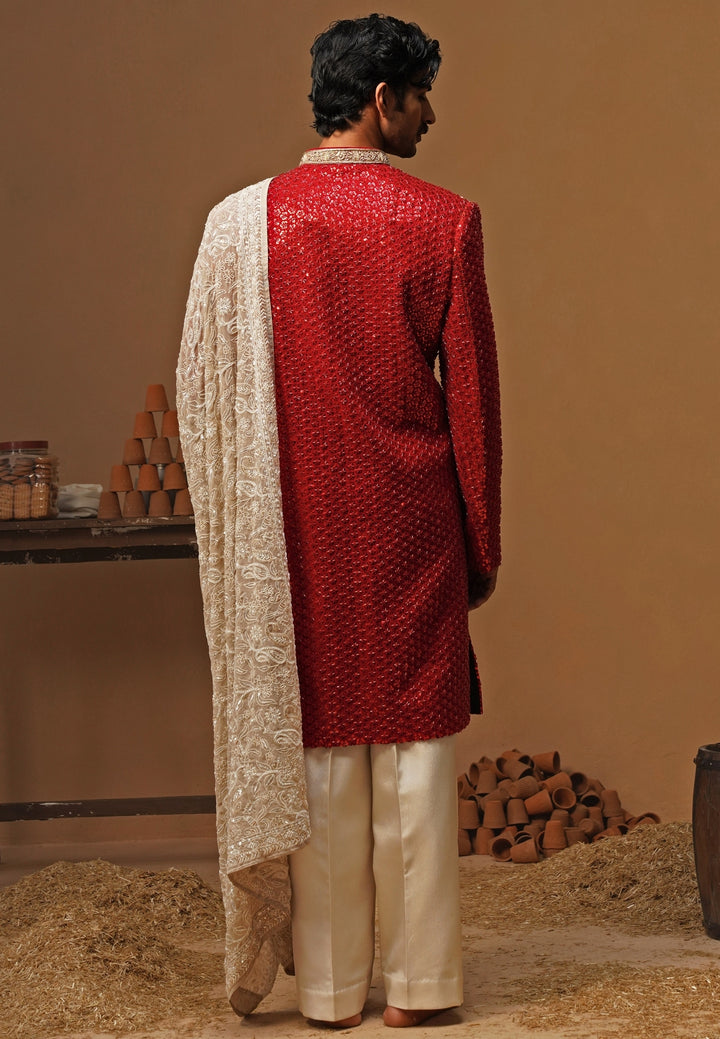Red Shimmer Georgette Sherwani Set