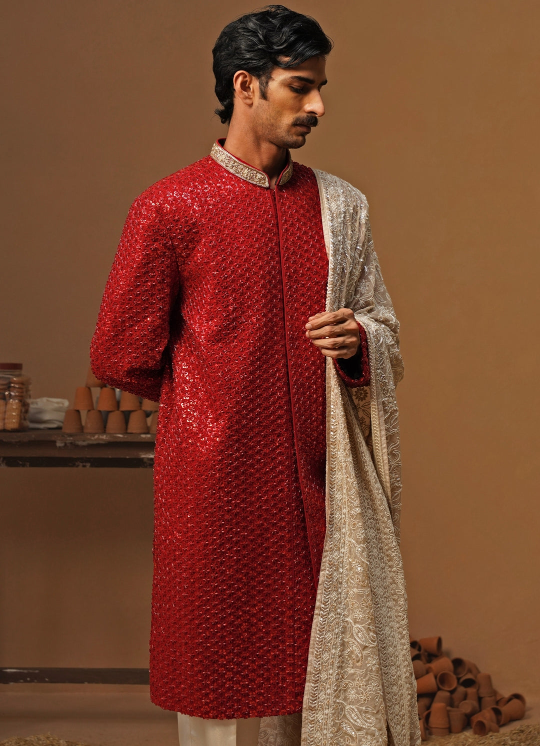 Red Shimmer Georgette Sherwani Set