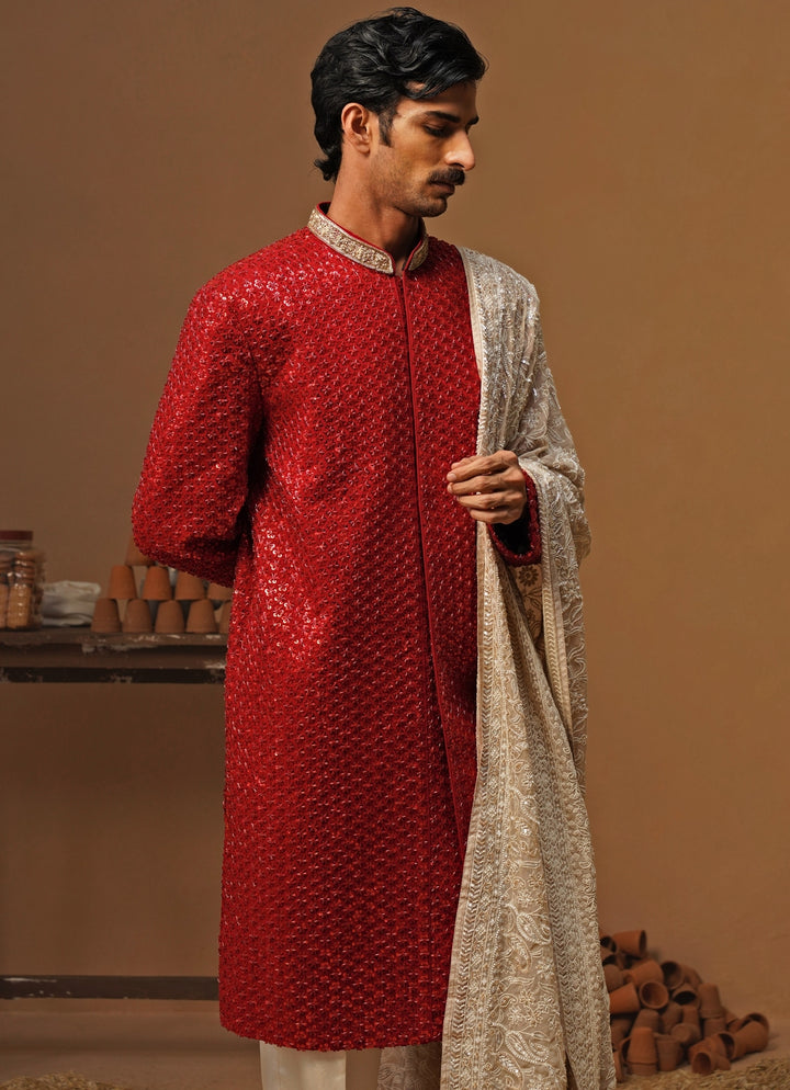 Red Shimmer Georgette Sherwani Set