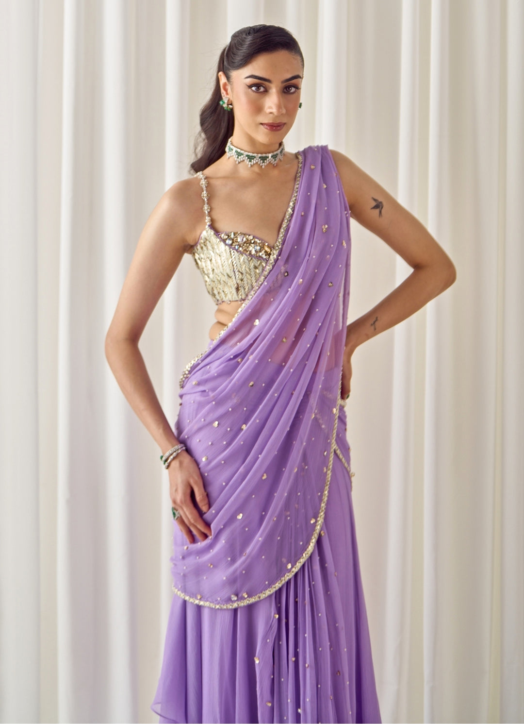 Lilac and Gold Chiffon Pre-Draped Saree