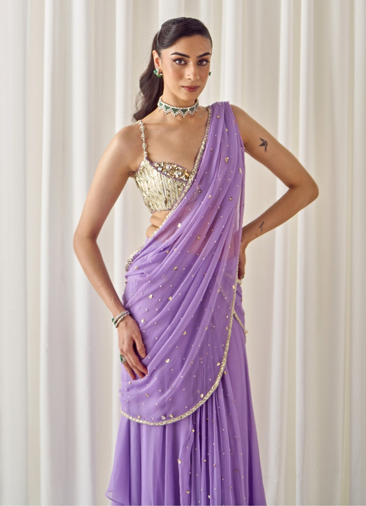 Lilac and Gold Chiffon Pre-Draped Saree
