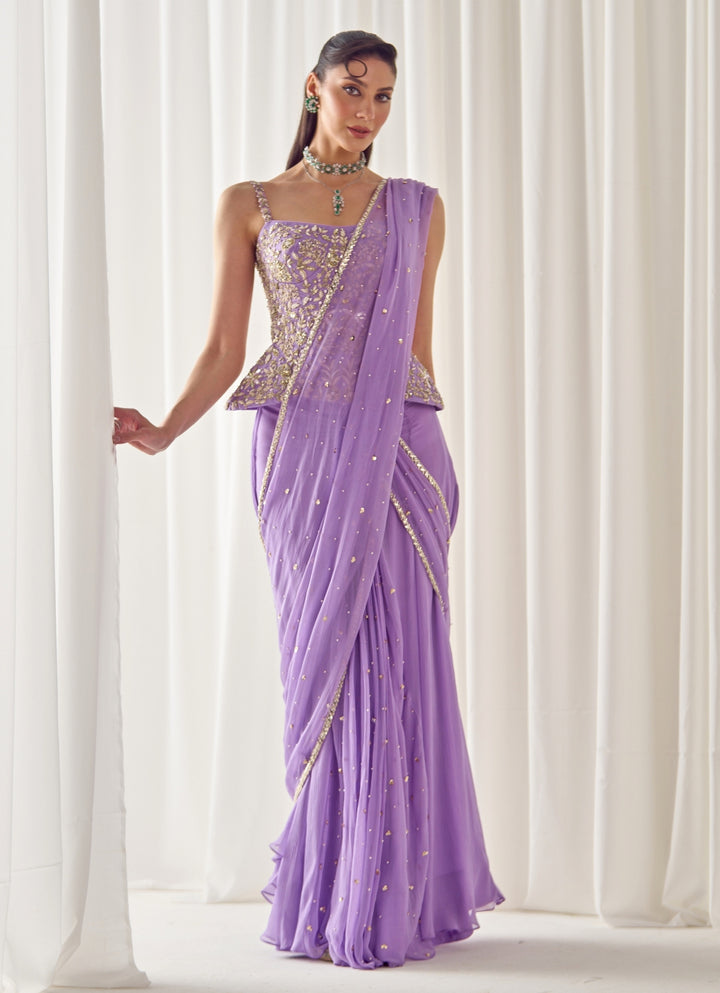 Lilac Chiffon Pre-Draped Saree With Corset