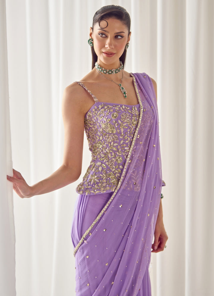 Lilac Chiffon Pre-Draped Saree With Corset