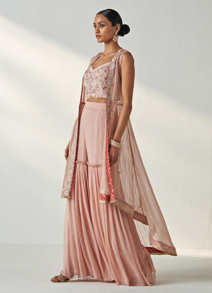 Blush Pink Embroidered Kurta Garara Set With Cape