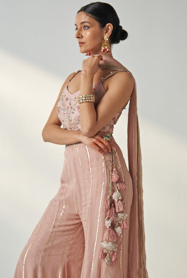 Blush Pink Embroidered Organza Blouse Sharara Set