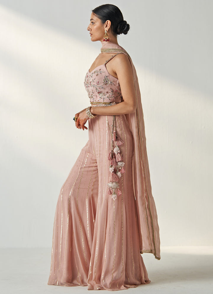 Blush Pink Embroidered Organza Blouse Sharara Set