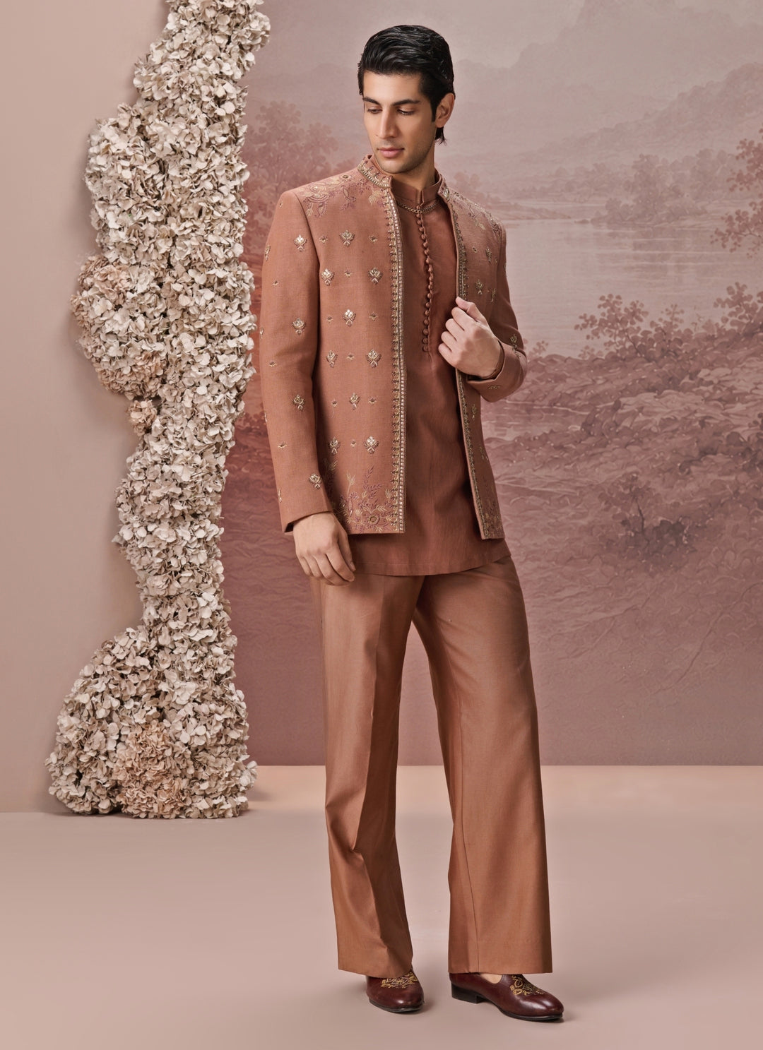 Copper Brown Textured Silk Jacket Set