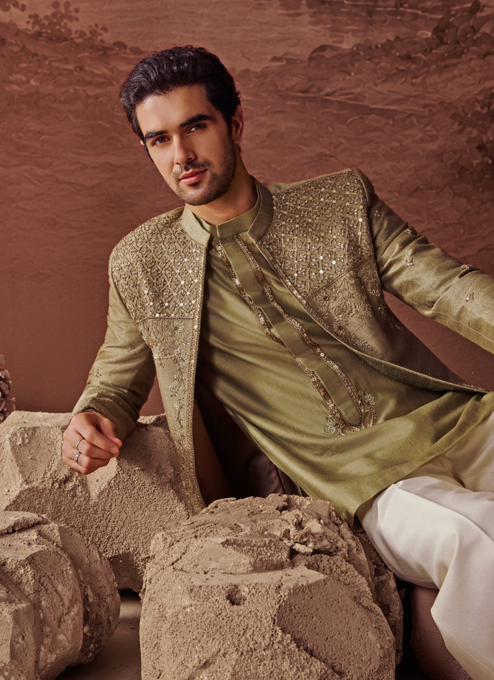 Green Raw Silk Jacket Set