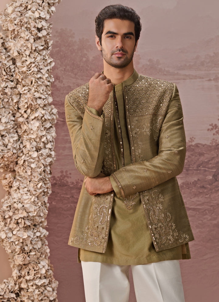 Green Raw Silk Jacket Set