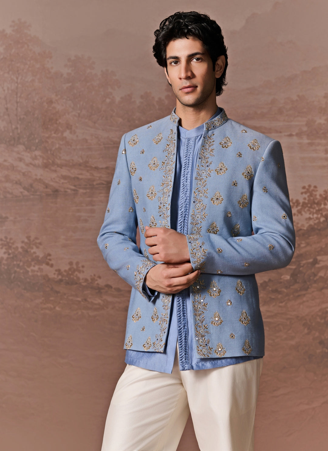 Denim Blue Textured Silk Jacket Set