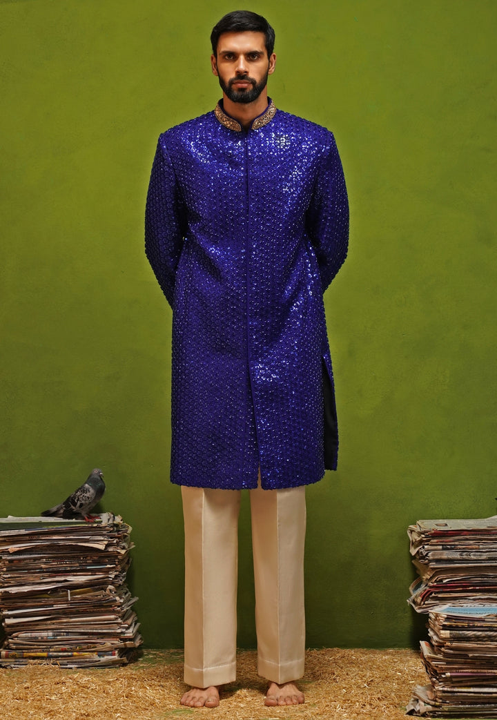Royal Blue Shimmer Georgette Sherwani Set
