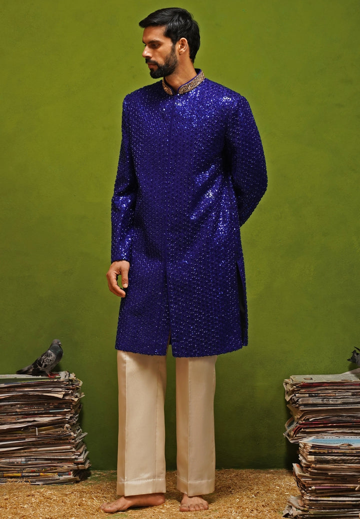 Royal Blue Shimmer Georgette Sherwani Set