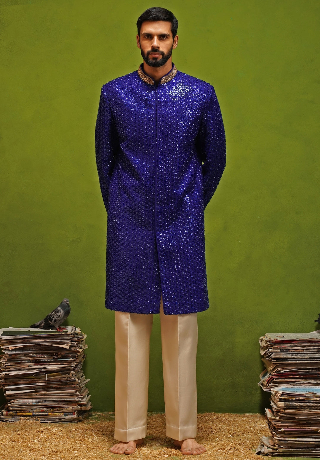 Royal Blue Shimmer Georgette Sherwani Set
