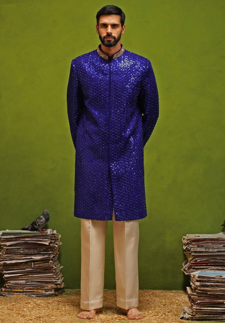Royal Blue Shimmer Georgette Sherwani Set