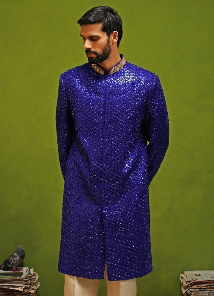 Royal Blue Shimmer Georgette Sherwani Set