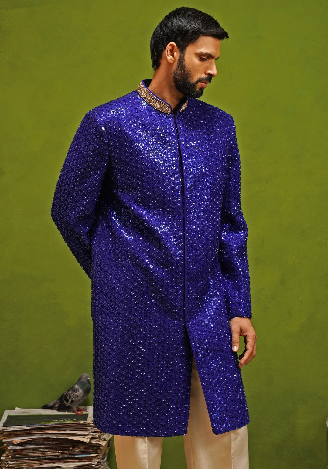 Royal Blue Shimmer Georgette Sherwani Set