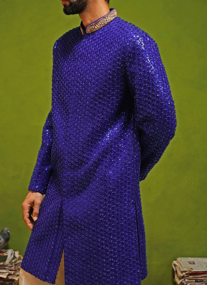 Royal Blue Shimmer Georgette Sherwani Set