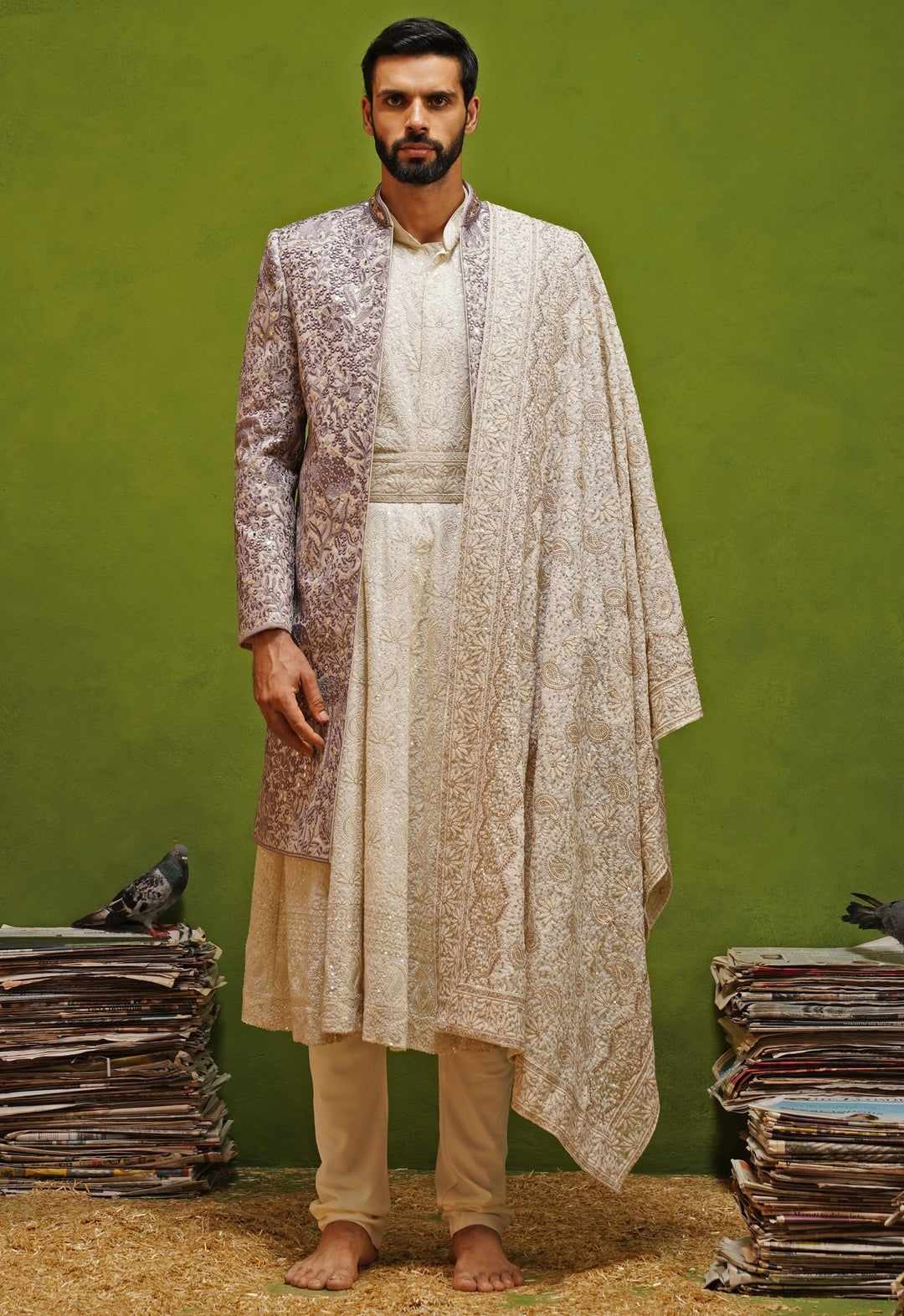 Lavender and Ivory Georgette Sherwani Set