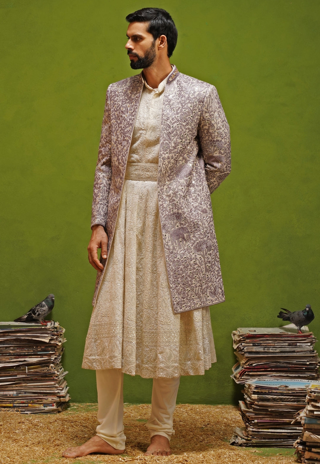 Lavender and Ivory Georgette Sherwani Set