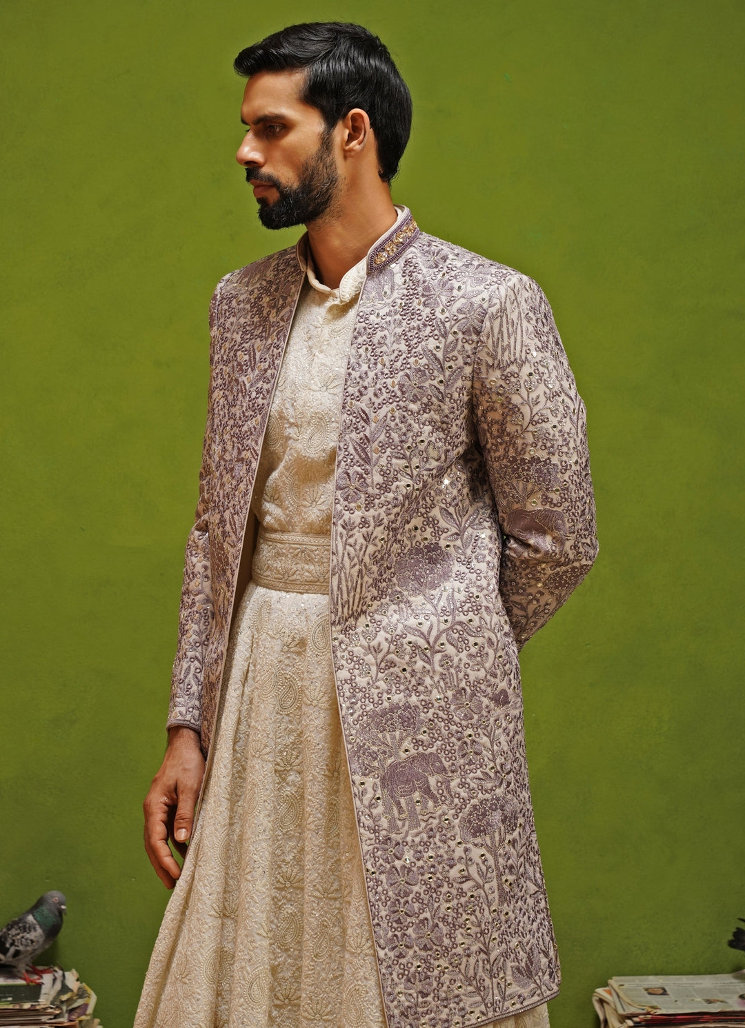 Lavender and Ivory Georgette Sherwani Set