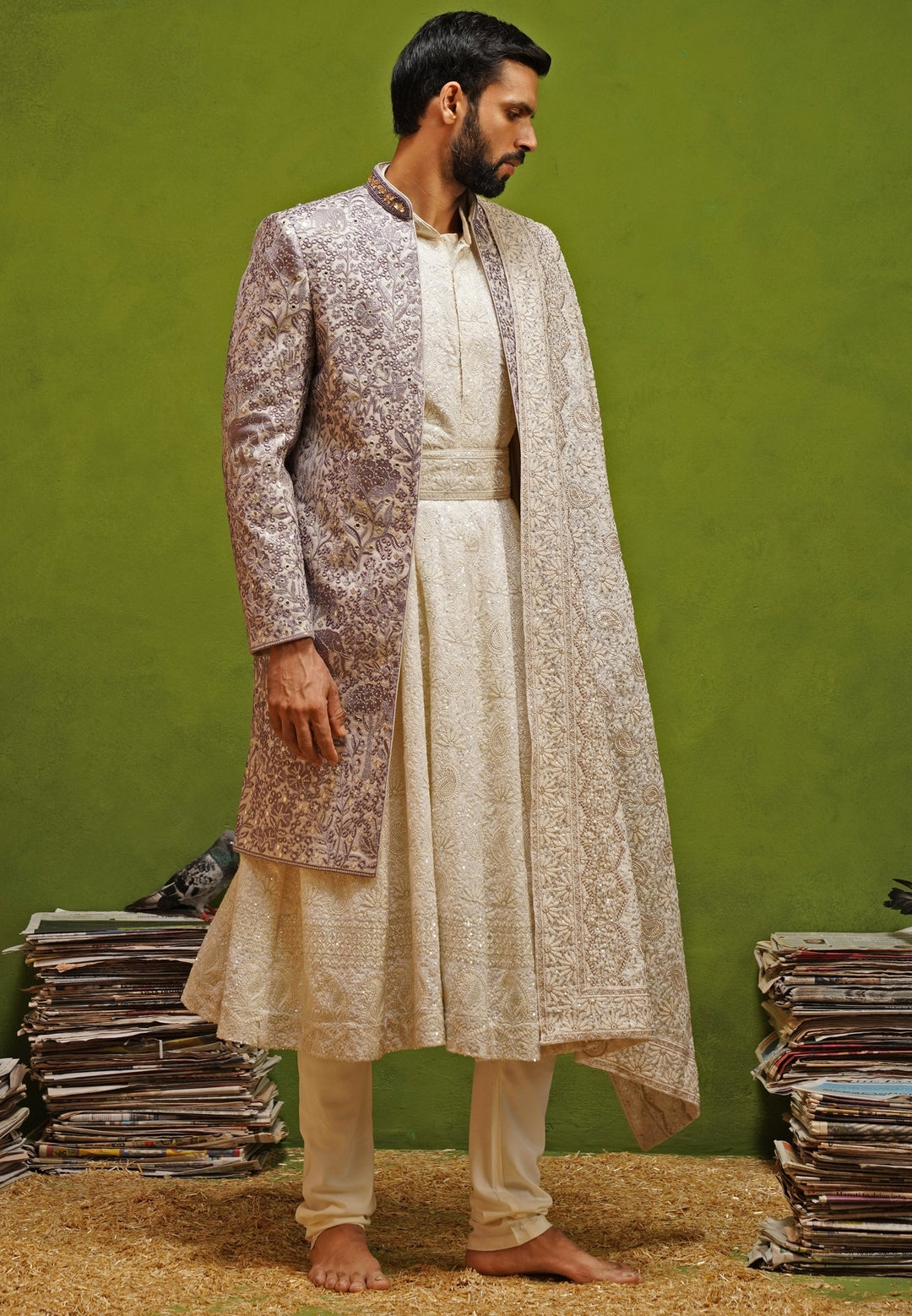 Lavender and Ivory Georgette Sherwani Set
