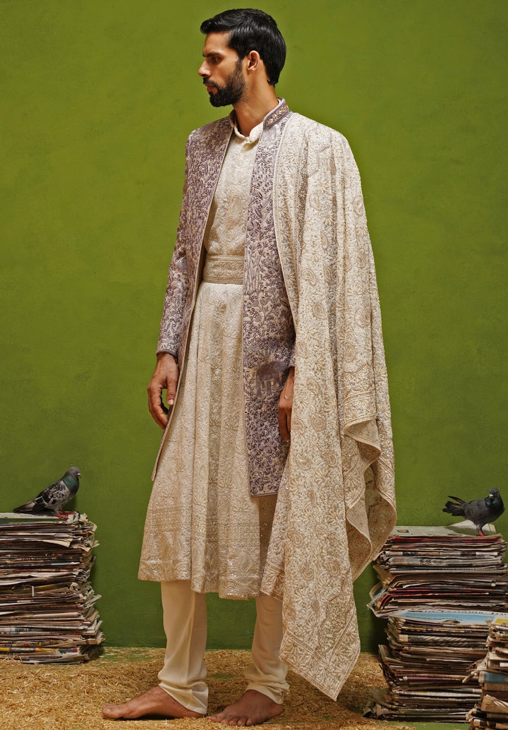 Lavender and Ivory Georgette Sherwani Set