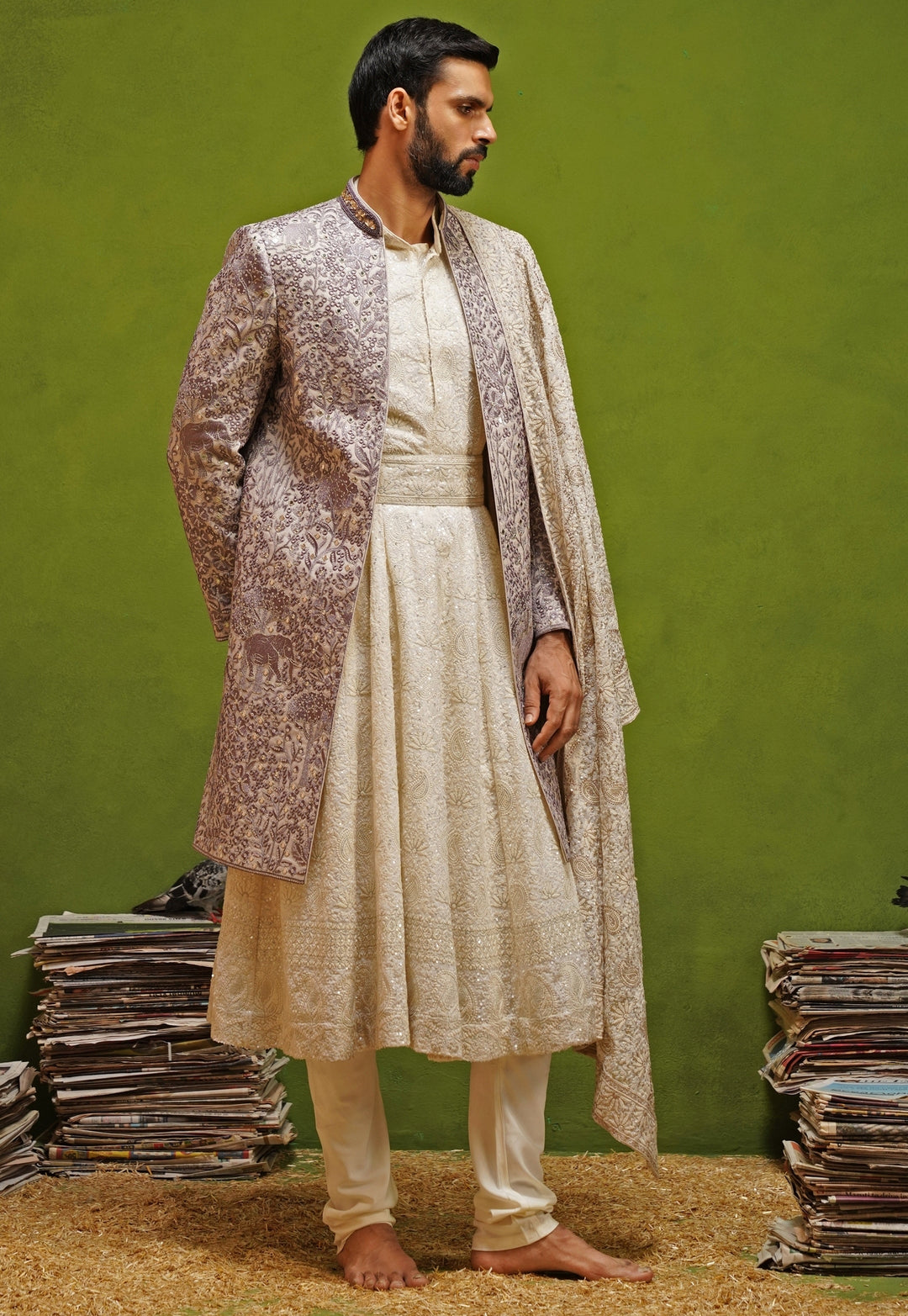 Lavender and Ivory Georgette Sherwani Set