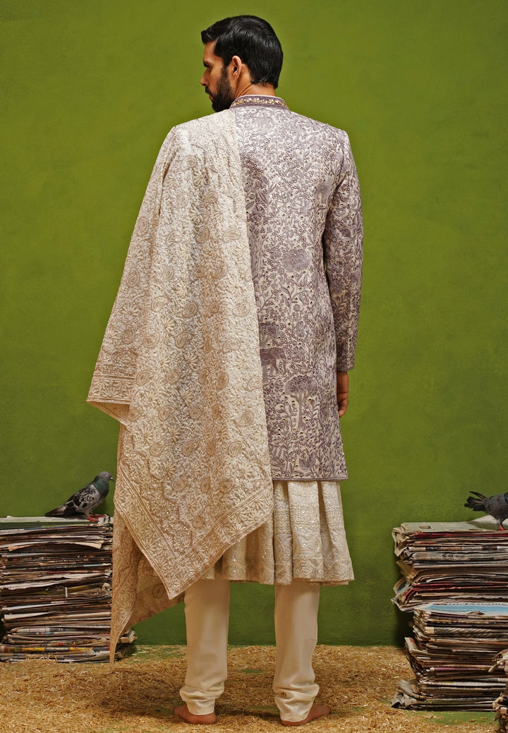 Lavender and Ivory Georgette Sherwani Set