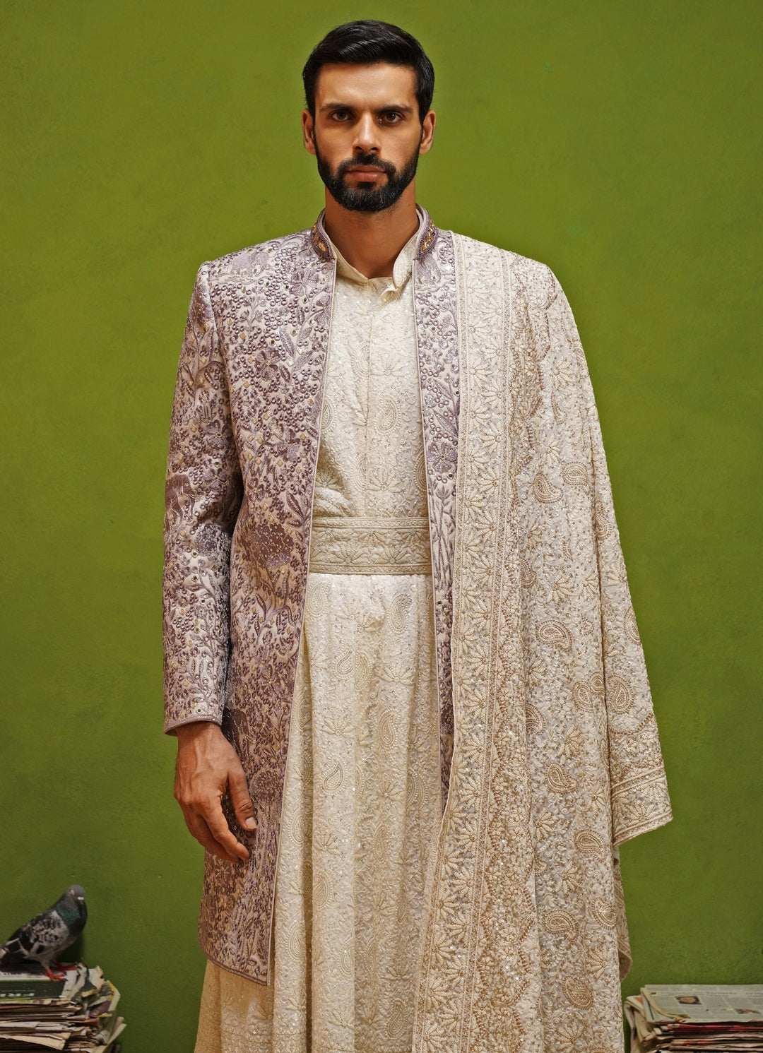 Lavender and Ivory Georgette Sherwani Set