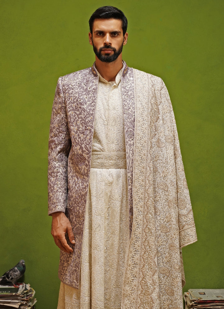 Lavender and Ivory Georgette Sherwani Set