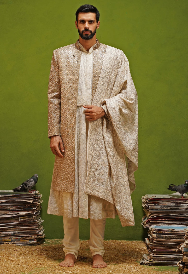 Ivory and Gold Georgette Sherwani Set