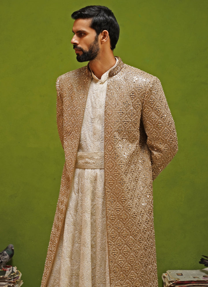 Ivory and Gold Georgette Sherwani Set