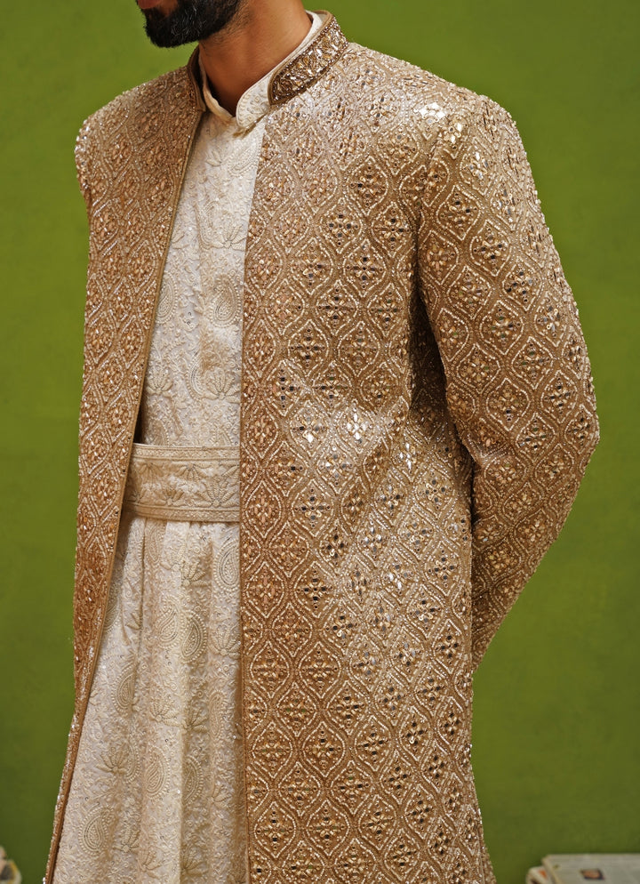 Ivory and Gold Georgette Sherwani Set