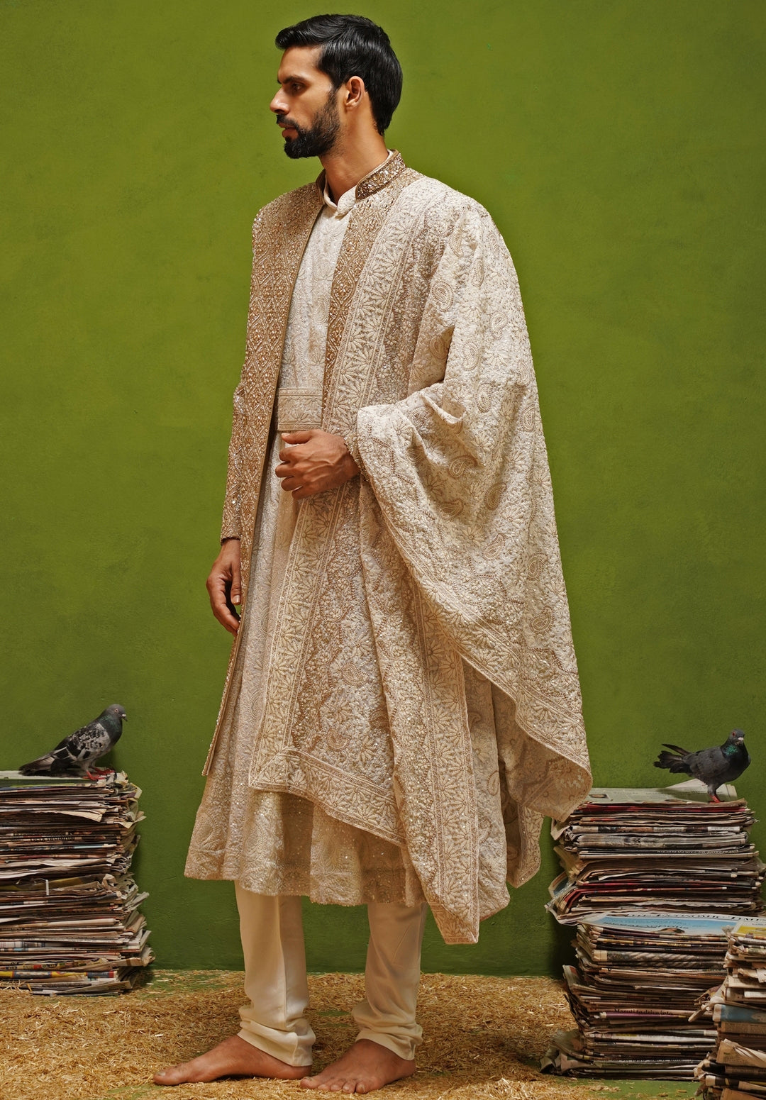 Ivory and Gold Georgette Sherwani Set