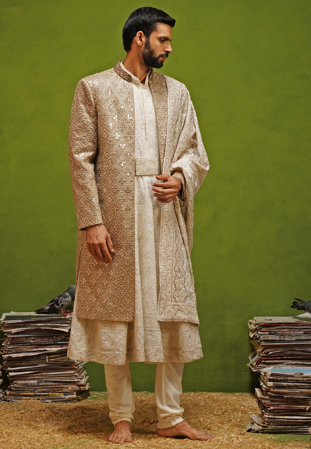 Ivory and Gold Georgette Sherwani Set