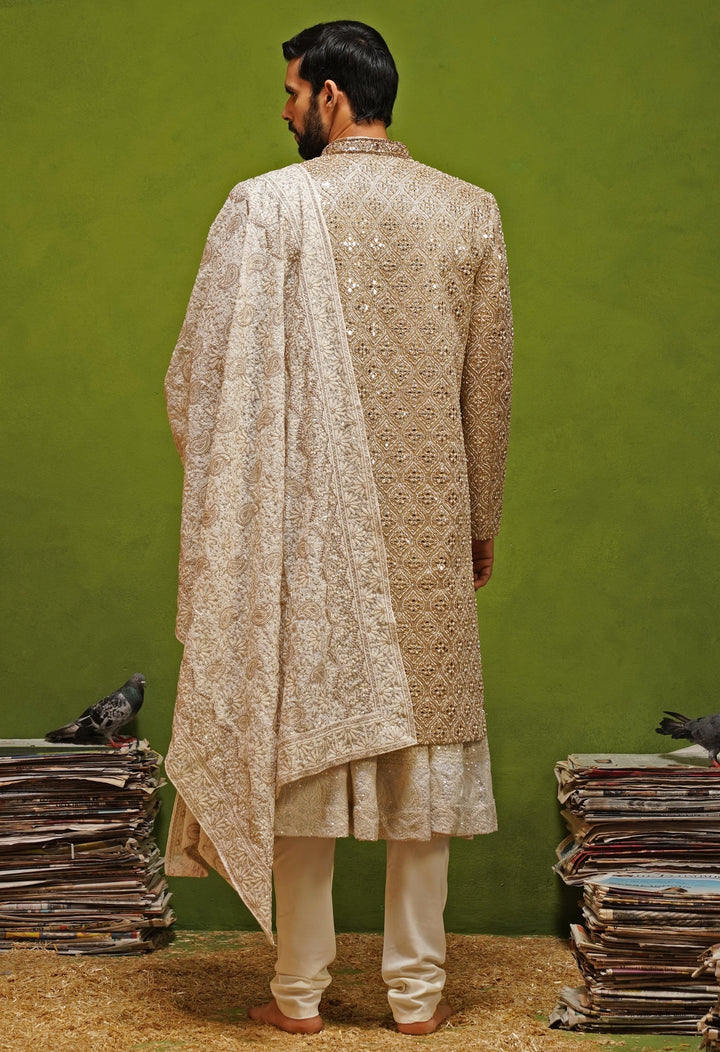 Ivory and Gold Georgette Sherwani Set