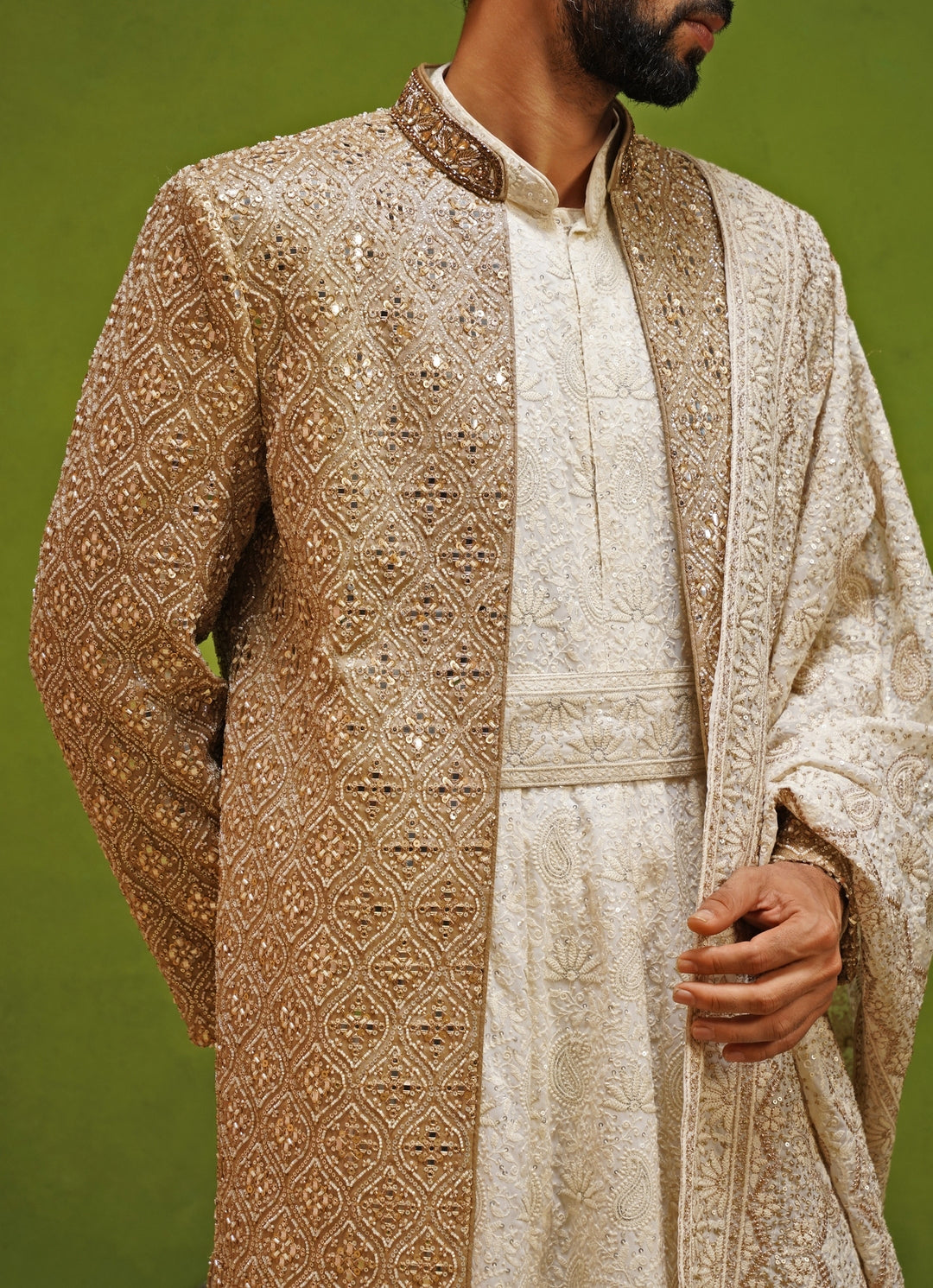Ivory and Gold Georgette Sherwani Set