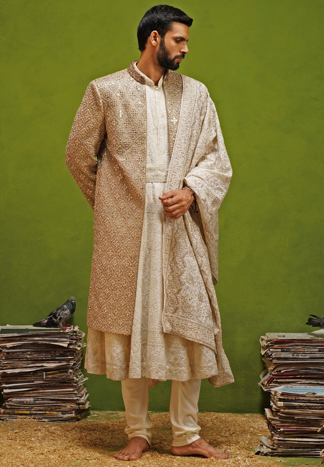 Ivory and Gold Georgette Sherwani Set