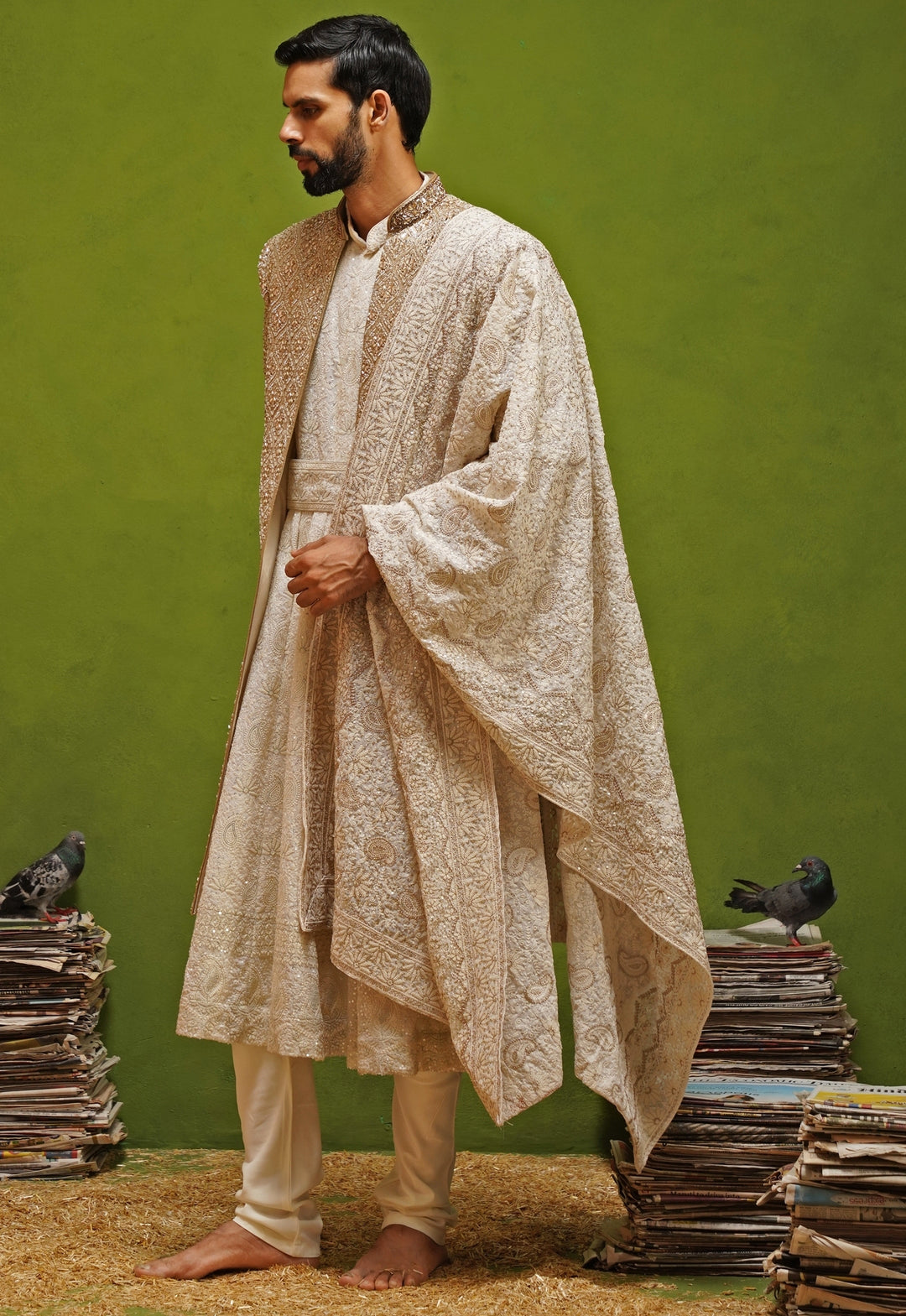 Ivory and Gold Georgette Sherwani Set