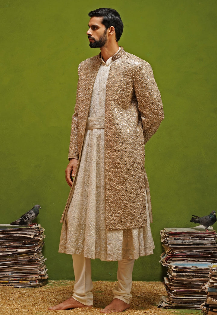 Ivory and Gold Georgette Sherwani Set