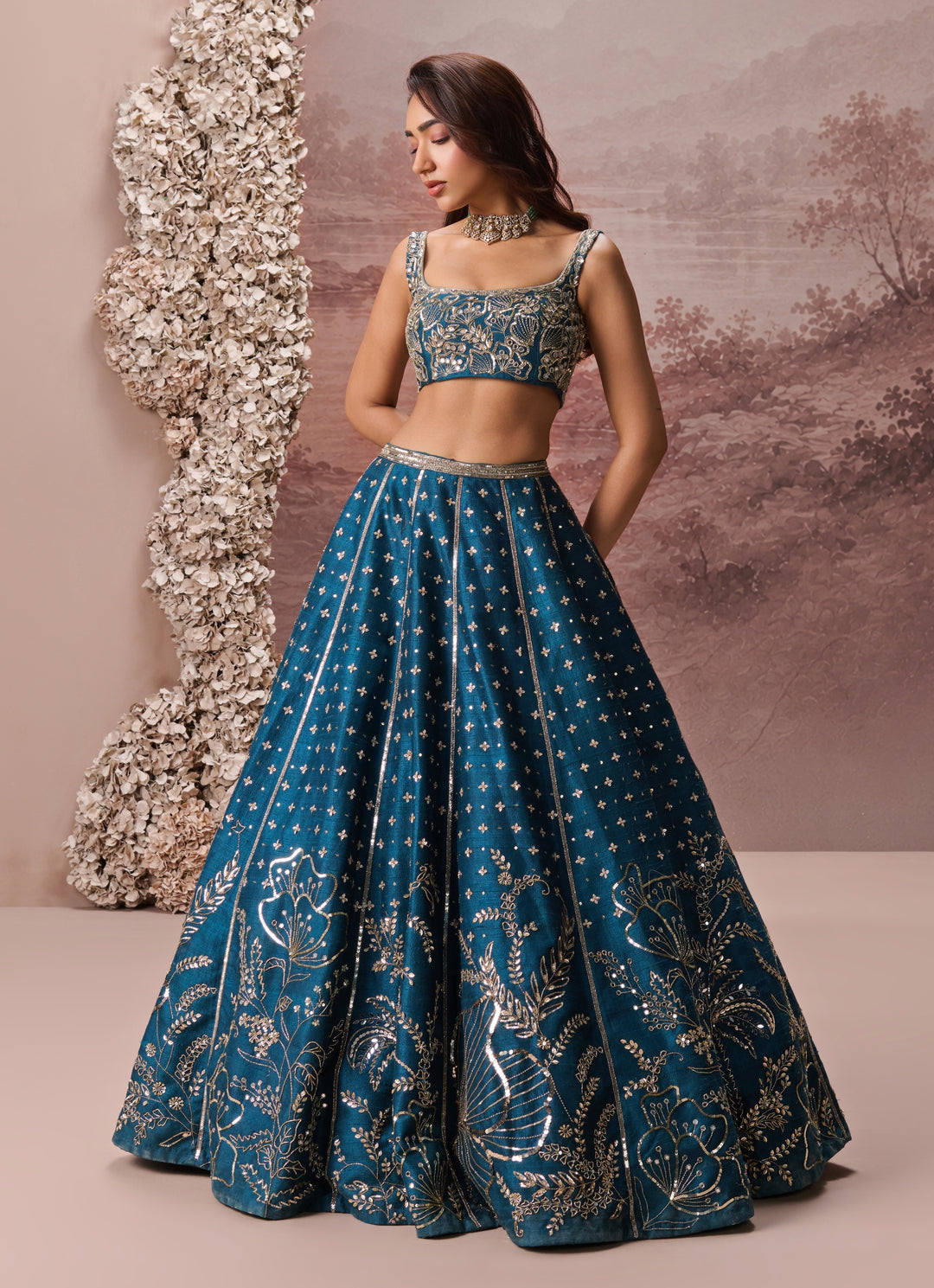 Teal Blue Raw Silk Embroidered Lehenga