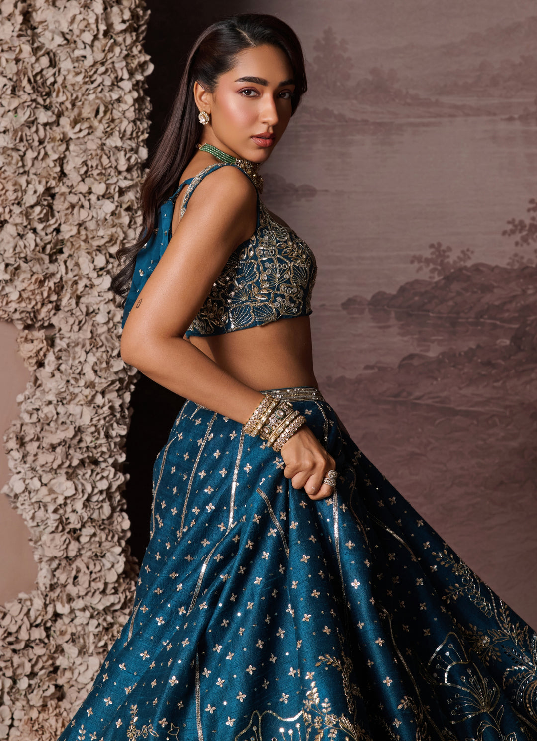 Teal Blue Raw Silk Embroidered Lehenga